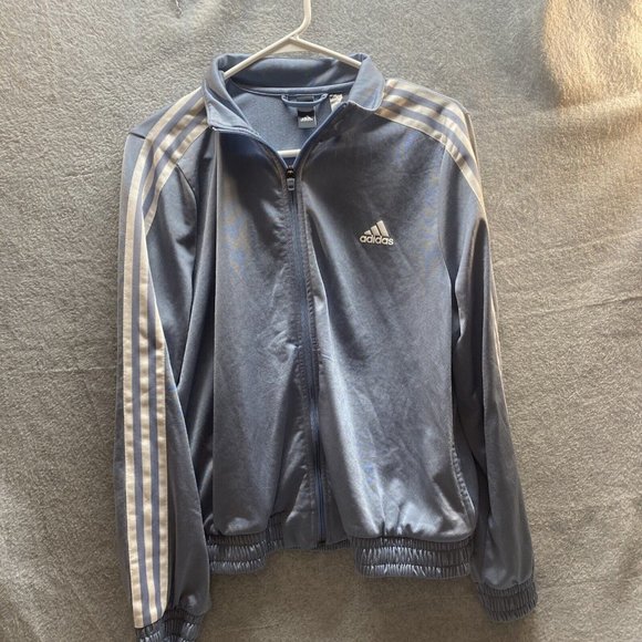 adidas Tops - ADIDAS Women Blue White Striped Full Zip Up Track JACKET Shirt Stretch Sz L